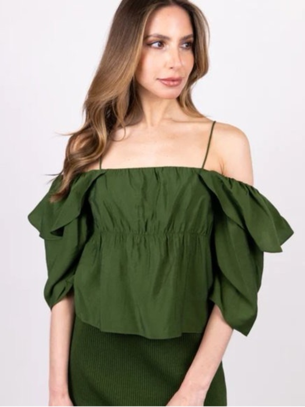 Vince Paneled Off-Shoulder Cami in Herb Green